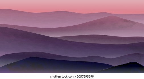 Background with hills and mountains at sunrise in soft blue and pink tones for placement on web banners and in interior design