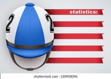 Background of Hippodrome Horseride sports. Infographic of list and schedule of horseman jockey and statistics. Horserider helmet on spase for text. Vector Illustration.