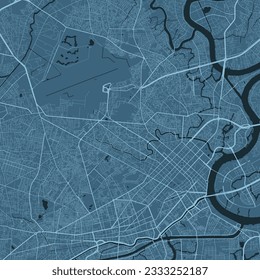 Background Ho Chi Minh map, Vietnam, blue city poster. Vector map with roads and water. Widescreen proportion, digital flat design roadmap.