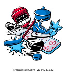 Background with hockey items. Sport club illustration. Healthy lifestyle image.