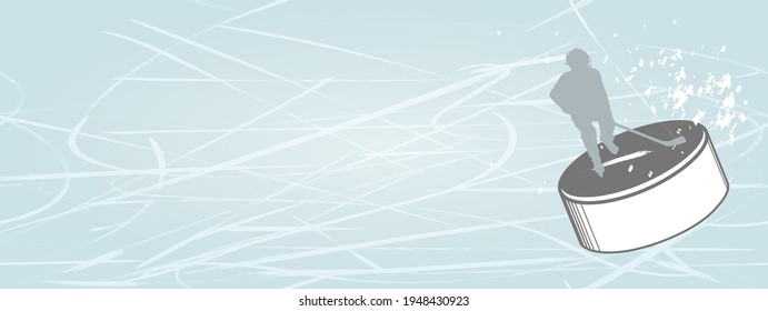 Background. Hockey player. Hockey puck. Ice. Ice Arena. Ice platform. Template. Banner. Horizontal rectangular illustration. The color is blue. Vector. Eps10.