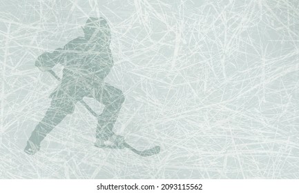 Hintergrund mit einem Hockeyspieler mit einem Stock auf der Struktur des hellblauen Eis. Sportgrafik.