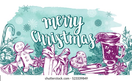 Background with holiday decorations and modern brush lettering "Merry Christmas". Template for greeting cards, invitations, posters, flyers. Hand-drawn vector illustration.