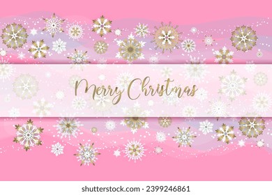 Background for holiday greeting card, banner. Falling golden snowflakes on pink background. Festive Merry Christmas lettering.