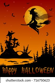 Background for Holiday Halloween Design, Cartoon Ghosts, Witch, Scarecrows and Bats Against the Moon and Tree, Silhouettes. Vector