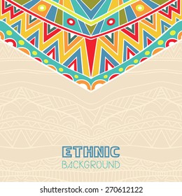 Background with holiday Mexican ornament. Abstract ethnic pattern in vivid colors. Copy space. Template for greeting card, invitation or poster. Vector file is EPS8.