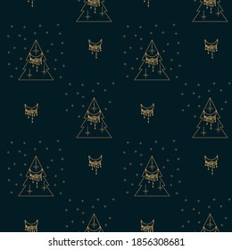 Background of the holiday tree in gold color. Cute new year and Christmas texture. Hand-drawn linear illustration of the Christmas background. Glittering decorations and lights sparkle. Golden vector