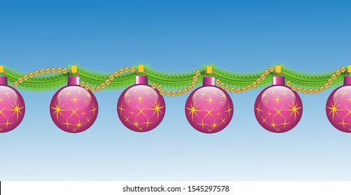 The background of the holiday wishes of the season and the border branches of a Christmas tree decorated with colourful balls with gold sparks and shiny beads.