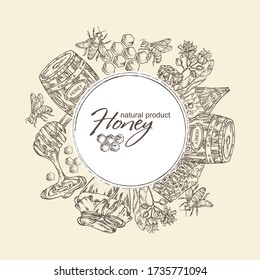 Background with honey,  jar of honey,linden flower  and honeycomb with a bee. Vector hand drawn illustration