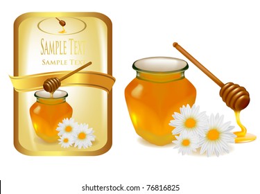 Background with honey and wood stick and label. Vector illustration.