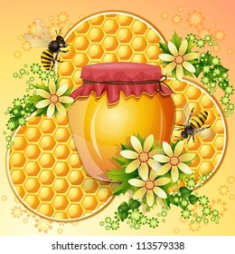 Background with honeycomb,honey jar and bees