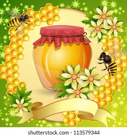 Background with honeycomb,honey jar and bees