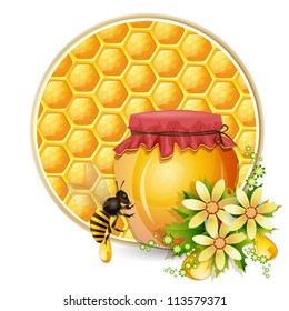 Background with honeycomb,honey jar and bees