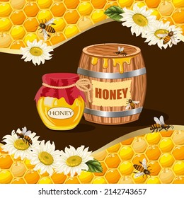 Background with honeycombs and flowers.Barrel and jar with honey, bees and daisies on an abstract background of honeycombs in vector illustration.