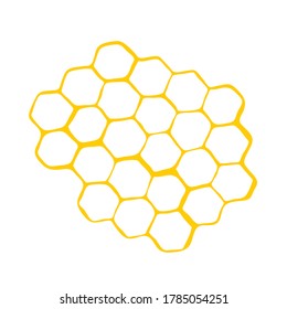 Antecedentes con panes de miel, dibujados a mano en blanco en un estilo de caricatura. Ilustración vectorial tipo con hexágonos naranja y amarillo. Imagen geométrica con cuadrícula. 