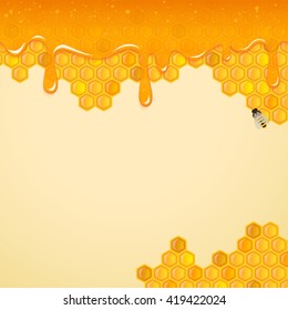 Background with honeycombs, sweet honey drops and bee. Colorful cartoon illustration for decoration. Vector.