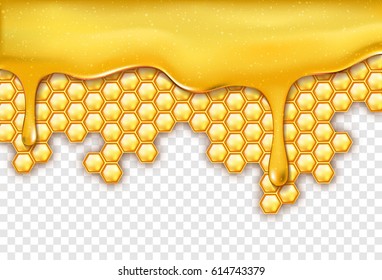 Background with honeycombs, sweet honey drops on transparent background