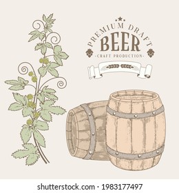 Fondo de hojas y conos de lúpulo y barriles etiquetados con cerveza. Marco vintage con atributos de cerveza