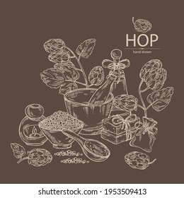 Background with hops: plant and cone of hops and bath salt, soap and beauty products. Cosmetic, perfumery and medical plant. Vector hand drawn illustration.