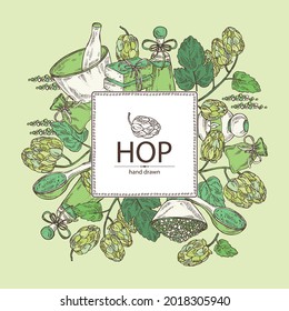 Background with hops: plant and cone of hops and bath salt, soap and beauty products. Cosmetic, perfumery and medical plant. Vector hand drawn illustration.