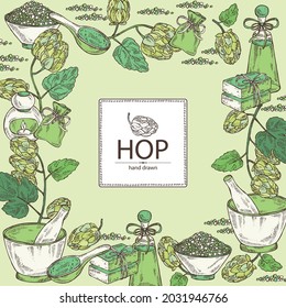 Background with hops: plant and cone of hops and bath salt, soap and beauty products. Cosmetic, perfumery and medical plant. Vector hand drawn illustration.