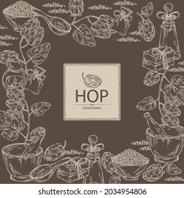 Background with hops: plant and cone of hops and bath salt, soap and beauty products. Cosmetic, perfumery and medical plant. Vector hand drawn illustration.