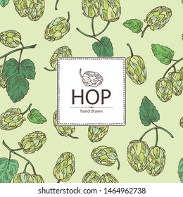 Background with hops: plant and cone of hops. Cosmetic and medical plant. Vector hand drawn illustration