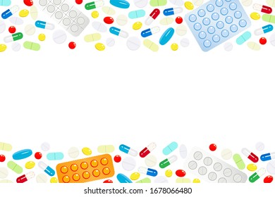 Hintergrund mit einer horizontalen Grenze von Arzneimitteln und Vitaminen. Design-Vorlage für medizinische Zentren, Apotheke, Krankenhaus. Vektorillustration. Konzept der Medizin, Gesundheit, Gesundheitsversorgung, Gesundheitsversorgung, ärztlicher Dienst