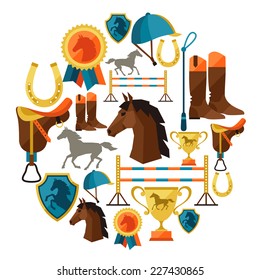 Background With Horse Equipment In Flat Style.