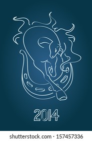 Background with horse jumping through horseshoe. Symbol of New Year 2014