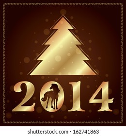 Background with horse silhouette and Christmas tree, vector illustration