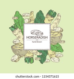 Background with horseradish: horseradish root, leaves and a piece of horseradish root. Vector hand drawn illustration.