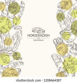 Background with horseradish: horseradish root, leaves and a piece of horseradish root. Vector hand drawn illustration.