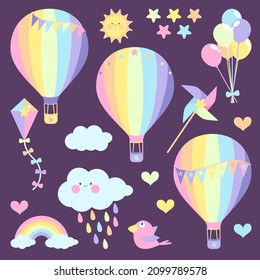 fondo con globos de aire caliente y nubes
