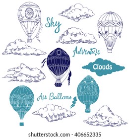  Background with Hot Air Balloons and Clouds. Hand drawn sketches vector illustration