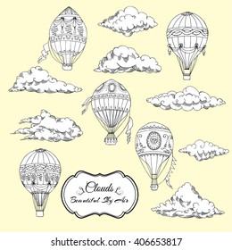  Background with Hot Air Balloons and Clouds. Hand drawn sketches vector illustration