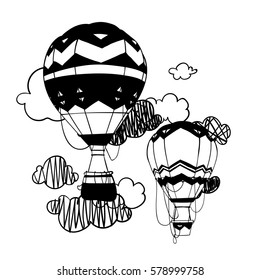 Background with Hot Air Balloons and Clouds. Hand drawn vector i