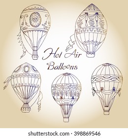  Background with Hot Air Balloons. Hand drawn sketches vector illustration