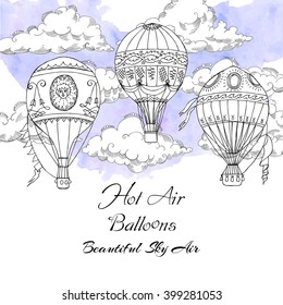  Background with Hot Air Balloons. Hand drawn sketches vector illustration