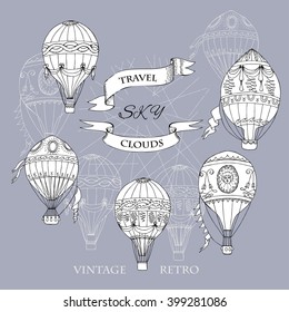  Background with Hot Air Balloons. Hand drawn sketches vector illustration