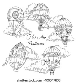 Background with Hot Air Balloons. Hand drawn sketches vector illustration