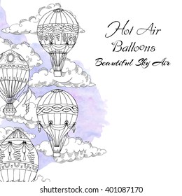  Background with Hot Air Balloons. Hand drawn sketches vector illustration