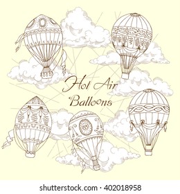  Background with Hot Air Balloons. Hand drawn sketches vector illustration