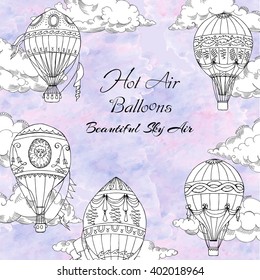  Background with Hot Air Balloons. Hand drawn sketches vector illustration