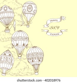  Background with Hot Air Balloons. Hand drawn sketches vector illustration