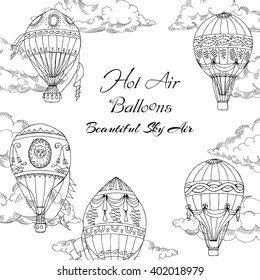  Background with Hot Air Balloons. Hand drawn sketches vector illustration