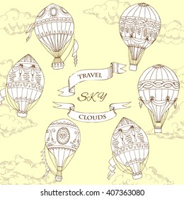  Background with Hot Air Balloons. Hand drawn sketches vector illustration
