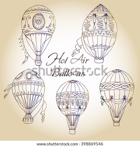  Background with Hot Air Balloons. Hand drawn sketches vector illustration