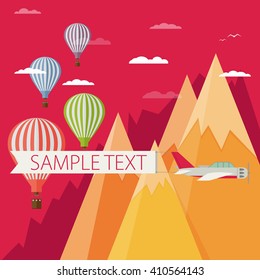 Background of hot air balloons, plain with banner, mountains and clouds.