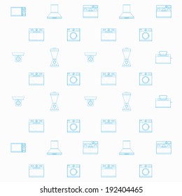 Background for household equipment. Pattern with blue monochrome contour icons for household equipment on white.